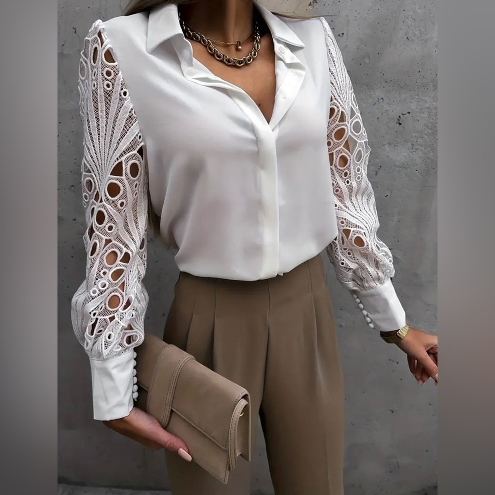 Elegant Hollow Out Solid Color Blouse Collar Long Sleeve